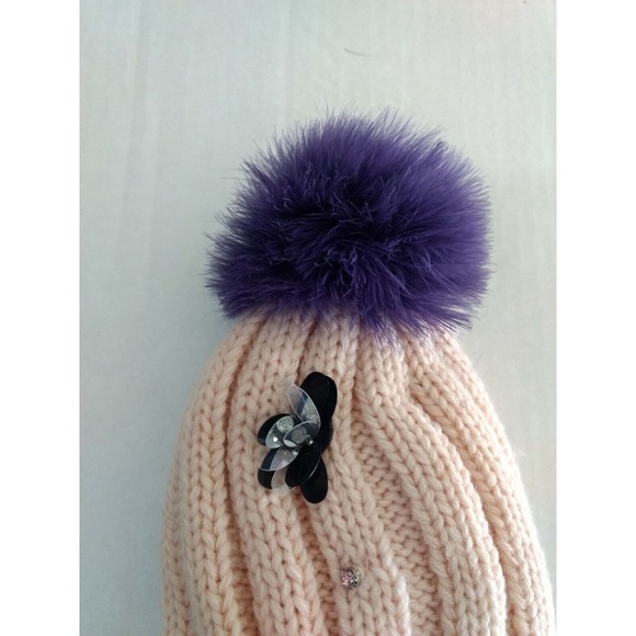 New Cara New York Women's Pink Knit Hat Flower Pom Pom OSFM Ostrich Feathers - Picture 3 of 6